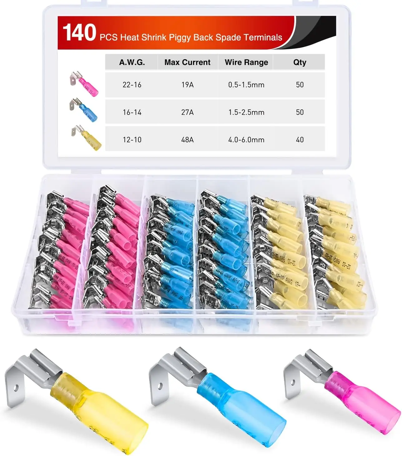 Nilight 140PCS Heat Shrink Piggy Back Spade Terminals Connectors Assortment Kit - 3:1 Shrinkage Ratio, 22-16/16-14/12-10 AWG, Translucent Tube, Easy to Identify, Quick Splice Crimp for Auto Cars, Hiking/Light Outdoor 12V Accessories, 140pcs for Repairs, B