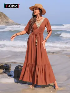 Women's Contrast Lace V Neck Ruffle Hem Vintage Dress, Boho Butterfly Sleeve Tassel Decor Tie Front Dress, Ladies Clothes for All Seasons