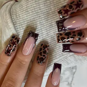 Burgundy Leopard Print Press On Nails | Dark Cherry Star Pattern Fake Nails | Long Square French Tip Y2K Baddie Custom Reusable Nails