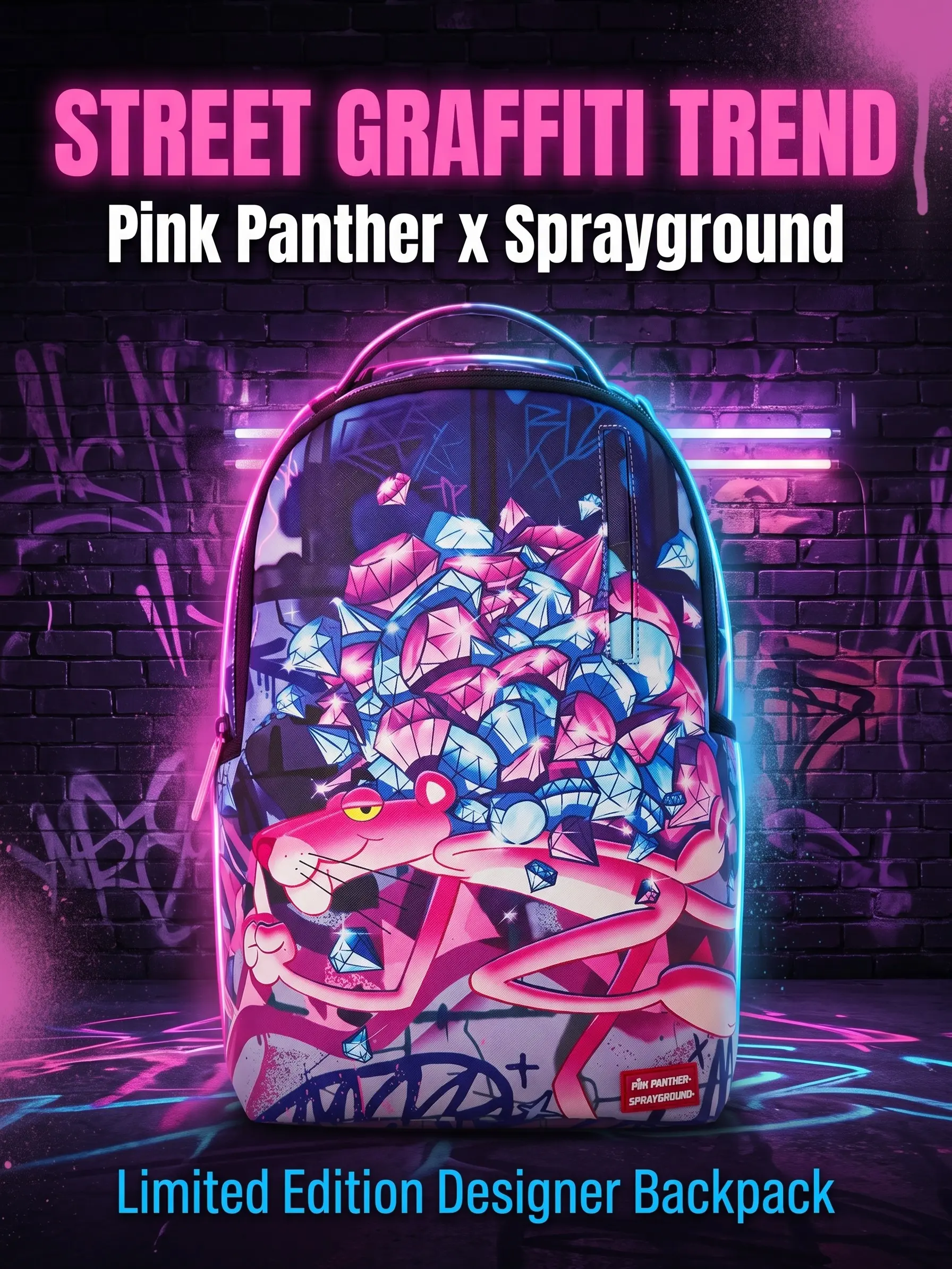 SG Pink Panther Backpack, Graffiti Diamond Print Streetwear Trendy School & Travel Bag, Spacious Durable PU Daypack for Men/Women, Unique Cartoon Urban Style Backpack