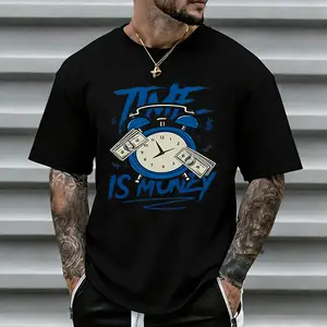 Men’s loose-fit heavyweight cotton T-shirt featuring a dollar bill and alarm clock graphic; trendy hustle culture casual style; best-selling hip-hop money fashion top with graffiti slogans in street style and retro blue sketch design.