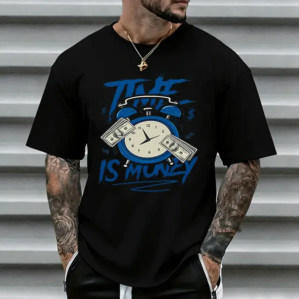 Men's Loose-Fit Heavyweight Cotton Shortsleeve Round Neck Tshirt - Dollar Bill & Alarm Clock Graphic, Hustle Culture Streetwear, Hip-Hop Money Fashion Top with Graffiti Slogans, Retro Blue Sketch Design