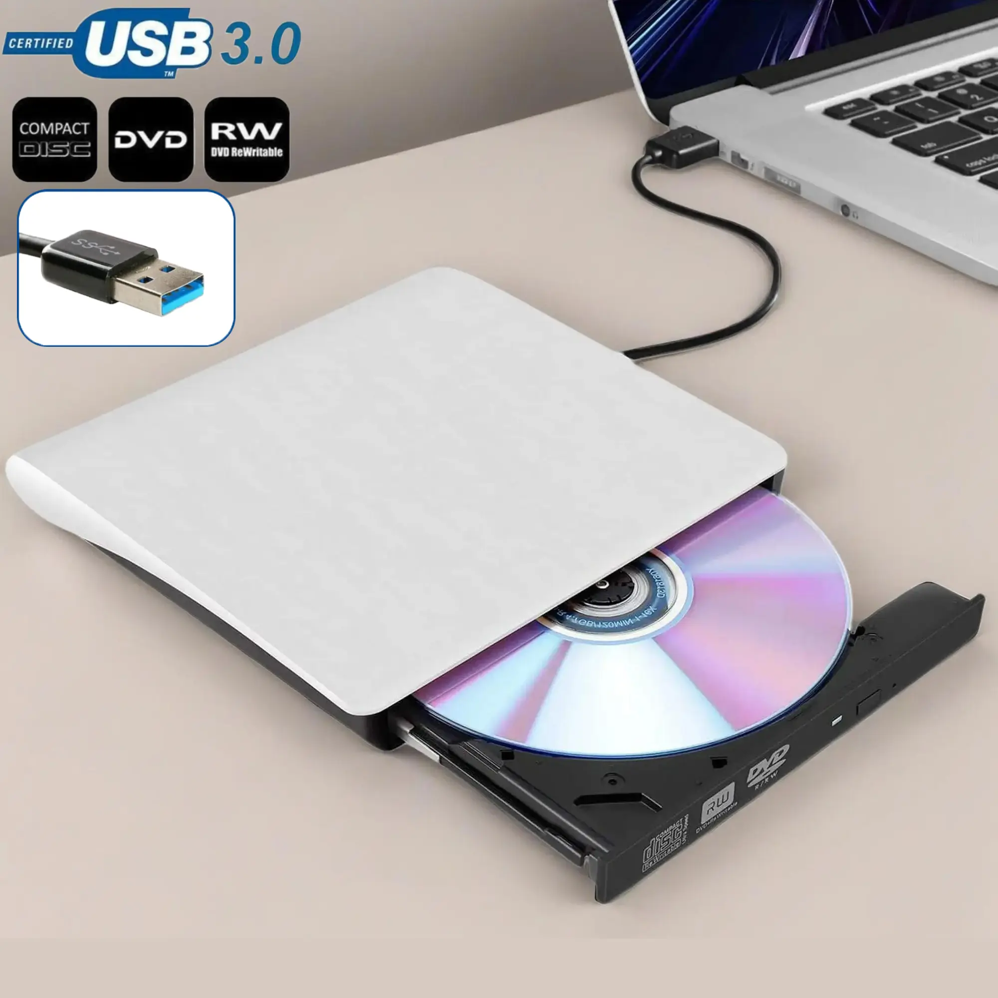 Ultra-Thin Portable Lightweight External CD/DVD Drive, USB 3.0 & Type-C Interface, Dual Functionality DVD Player and Burner, Compatible with PC MAC Linux Systems