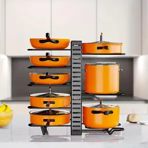 Cabinet Pot and Pan Organizer, 1 Count 8-tier Adjustable Rack with 3 DIY Installation Methods, Pot Lid Holder, Kitchen Accessories