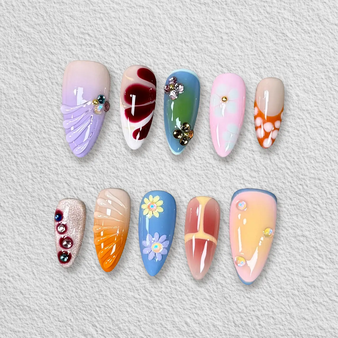 Pressmeon Color Parade Handcrafted Press On Nails Handmade High Quality Fake Nails Almond Shape Collection 10pcs