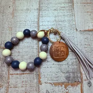 Tassell Wood Bead Bag Pendant or Keychain with Mawmaw Charm - Navy Blue & Cream Beads with Tassel