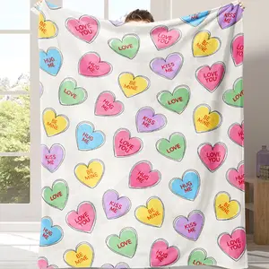 Valentine's Day Decor Hand-Painted Candy Heart Flannel Fleece Throw Blanket, Ultra Soft Plush Portable Travel Blanket, Cozy Romantic Snuggle Blanket for Bed Sofa Home Decor, Sweet Valentine Gift for Couples and Women
