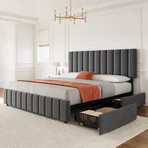 Upholstered Platform Bed Frame – Adjustable Headboard – 4 Storage Drawers – Linen or PU Leather – No Box Spring Required – Easy Assembly – Heavy Duty Bedroom Furniture
