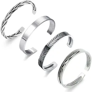 4PCS Men's Ethnic 316L Stainless Steel Cuff Bracelets, Silvery Leaf Pattern, Open Adjustable, Hypoallergenic Daily Fashion Accessories, Christmas & Valentine’s Day Gifts