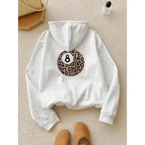 Women's Leopard & Number 8 Print Hoodie, Fashion Casual Thermal Lined Long Sleeve Hooded Sweatshirt for Daily Holiday Outdoor Wear, Women Clothes for Fall & Winter