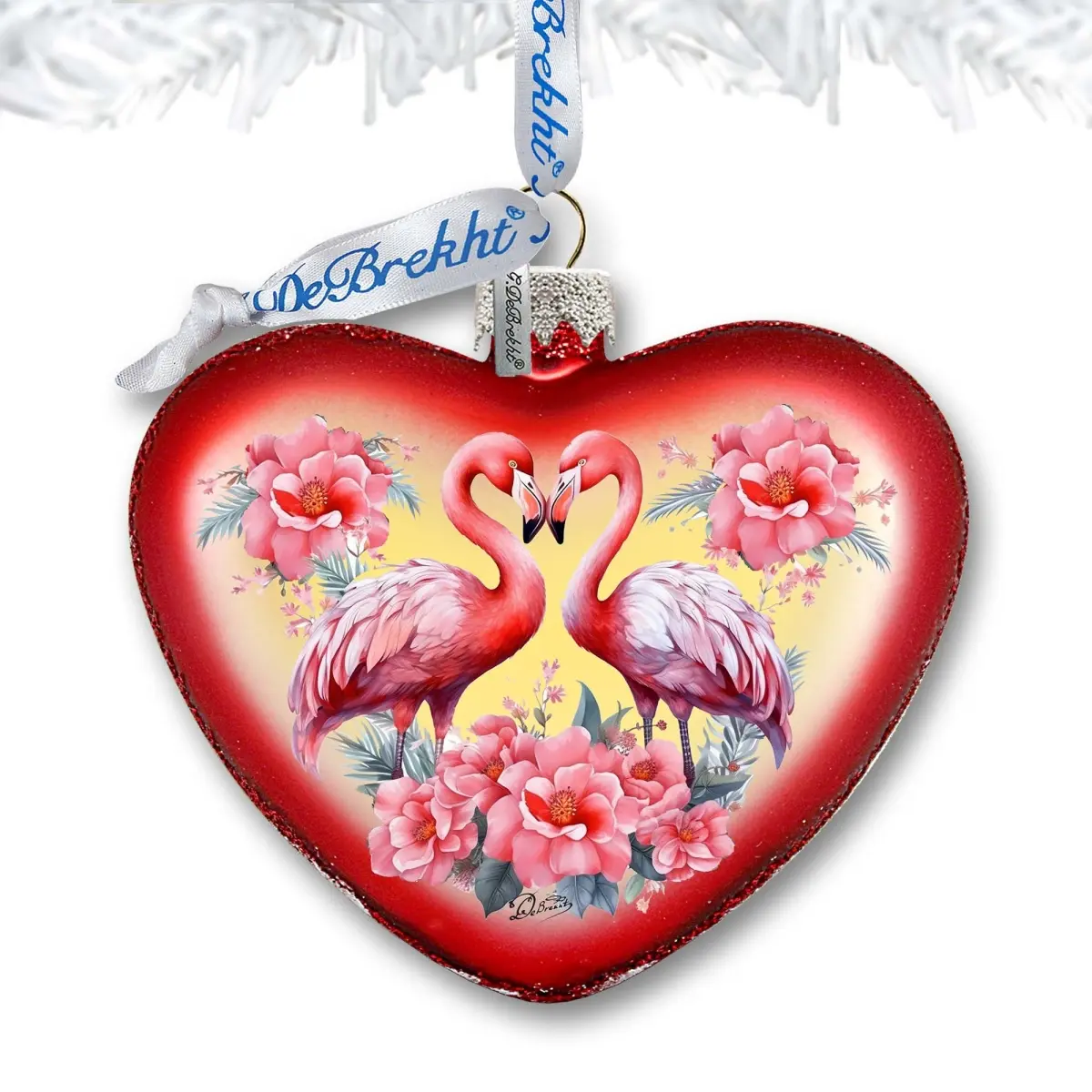 Designocracy 753-013 Hand-Painted Satin Flamingo Heart Shape Handblown Glass Ornament, 3x3.5 in., Christmas Tree Decoration, Holiday Decorating Festive Home Decor with Box