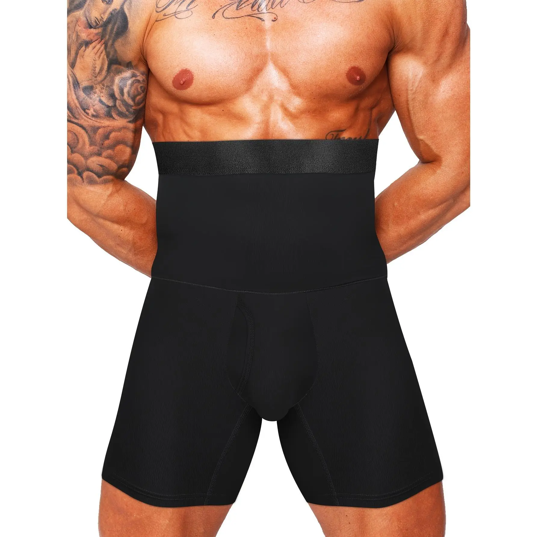 1pc Men's High-Waist Stretch Knit Fabric Compression Shapewear Boxer Briefs - Tummy Control, Skinny Slimming Body Shaper with Fly, Quick-Dry Breathable Polyester/Elastane Blend, Ideal for Workout Sports, Machine Washable Gym Accessory, Jegging, Solid, Bod