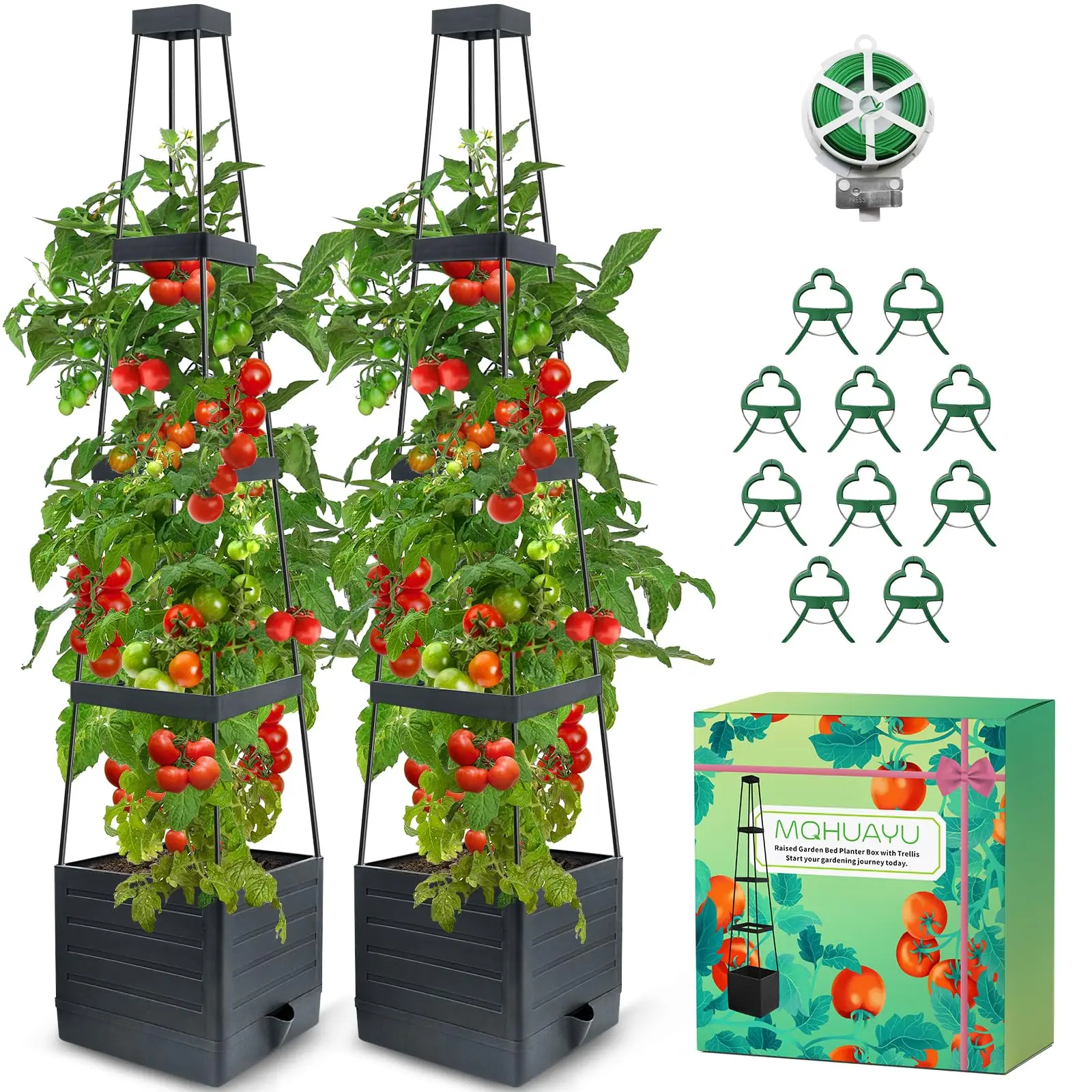 MQHUAYU 2 Pack Self-Watering Raised Garden Bed with Trellis, 57in Tomato Cage Planter Box, Flower Pots & Planters for Indoor-Outdoor Climbing Vines, Vegetables (57x9.8x9.8in)