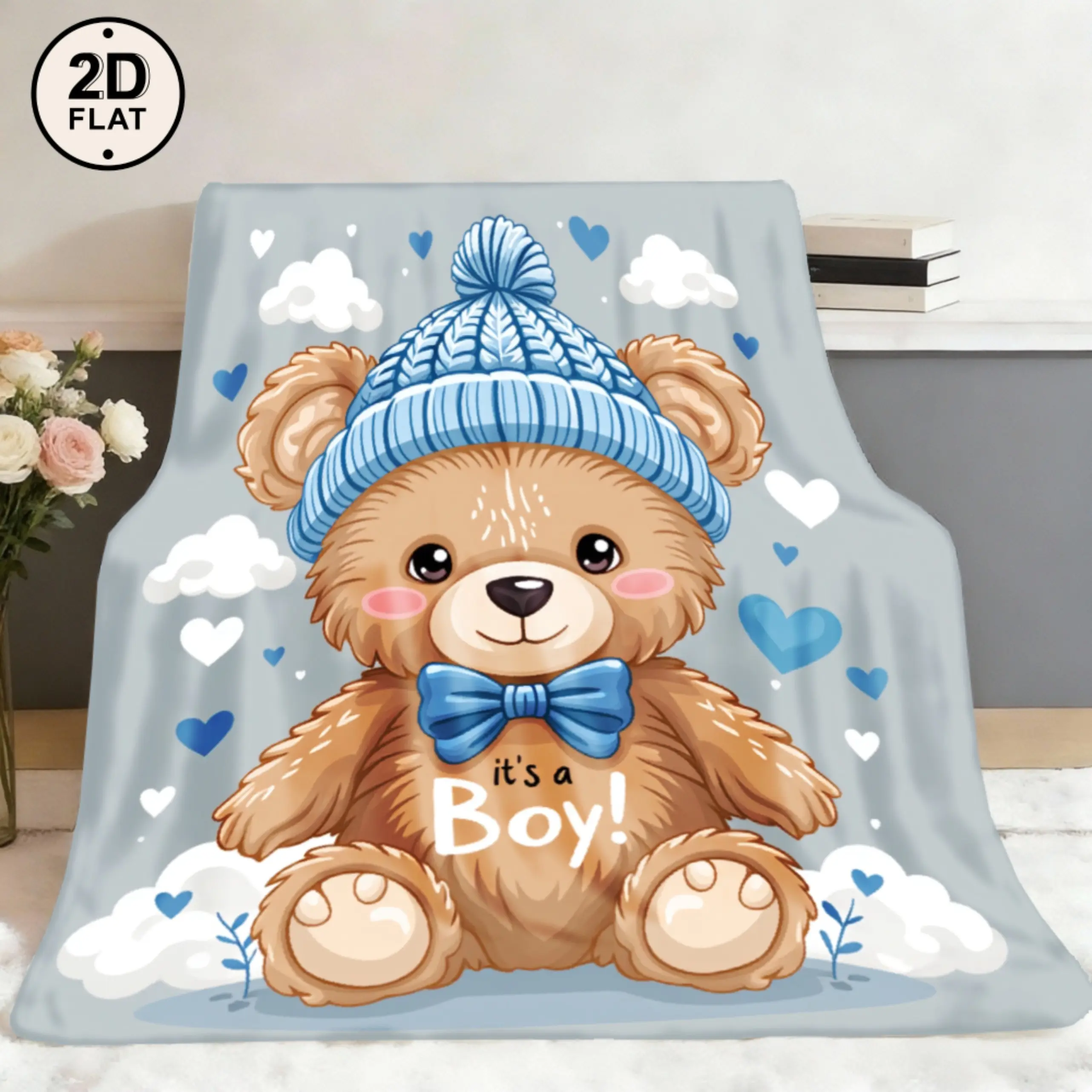 Cute Teddy Bear Blanket for Baby Boy,Soft Cozy Blanket with Blue Bow Hat,Nursery Room Decor,Crib Couch Stroller Blanket Gift