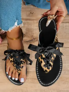 Women's Fashion Leopard Print Sandals, PU Leather Bow Flat Slippers, Toe Thong Design, Holiday Streetwear Comfort Shoes
