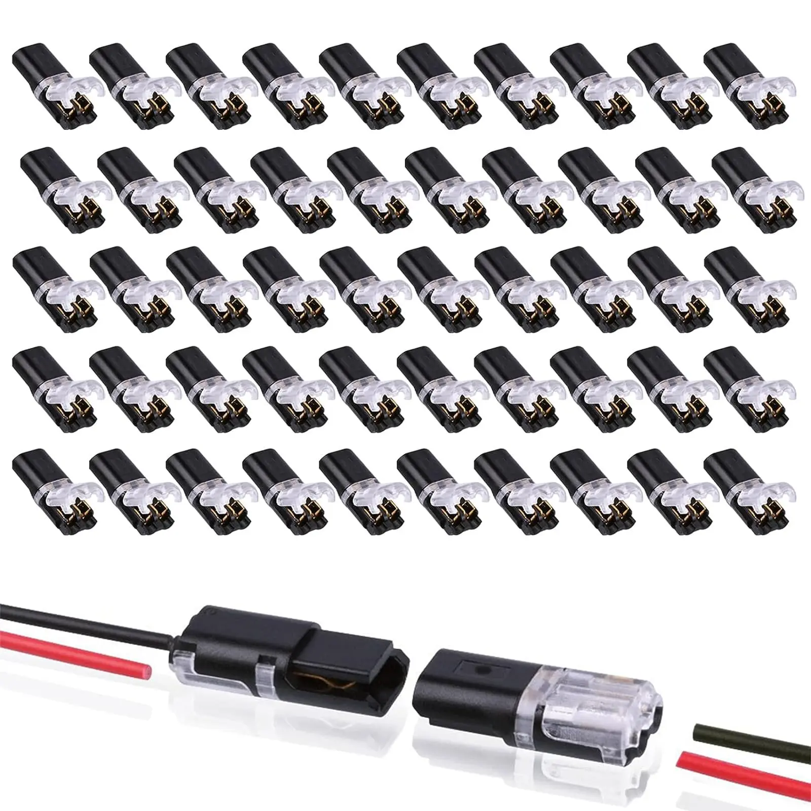 50PCS Double-Wire Plug-in Connectors with Lock – Reusable 2-Pin Electrical Wire Joiners for Home DIY, AWG 18–22, No Stripping or Soldering, Easy for Beginners, Tool-Free & Pluggable Design