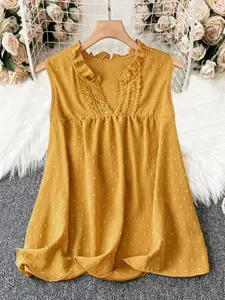 Plus Size Women's Sleeveless V-Neck Lace Trim Polka Dot Print Loose Flowy Cover-Up Top Blouses Shirts, Summer Casual Fashion Apparel