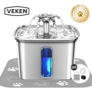 【Veken】Innovation Award Winner Stainless Steel Cat Water Fountain, 108oz/3.2L Automatic Pet Fountain Dog Water Dispenser with Replacement Filters & Silicone Mat for Cats, Dogs, Multiple Pets