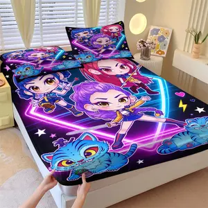 K-Pop Anime Girl Group Fitted Sheet Set, 1 Bed Cover and 2 Coreless Pillowcases, Blue Purple Neon Light Effects and Cyberpunk Girl Warrior Bedding Bed Linens, Soft Breathable Fabric, Gift or Bedroom Decor