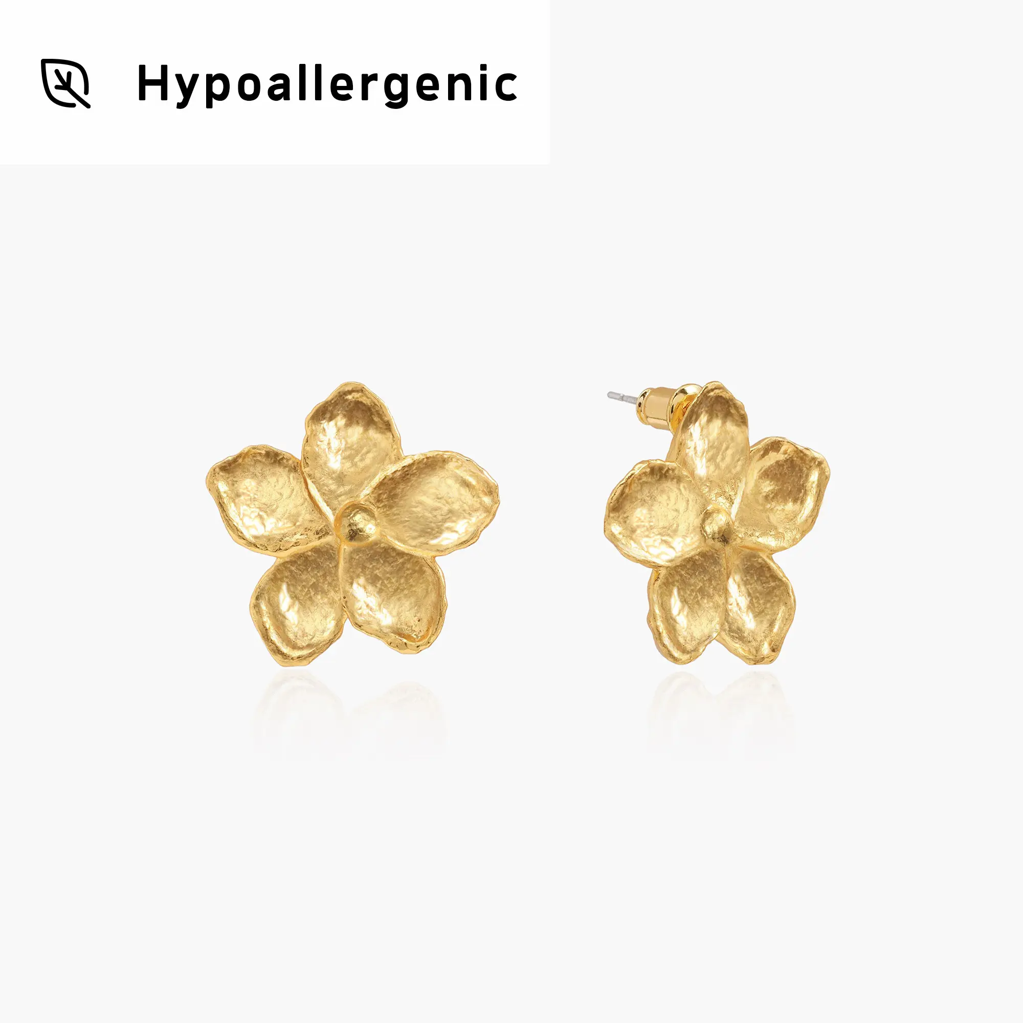 en route 18K Gold Plated Gold Textured Floral Earrings, Chic Statement Jewelry Designed for Layered Looks with Coordinated Rings and Necklaces