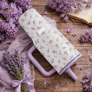mikenda 40oz Insulated Floral Water Bottle with Handle and Straw, Leakproof Stainless Steel Tumbler, Purple Flower Aesthetic Cup for Women, Travel Gym Office Daily Hydration Gift for Her