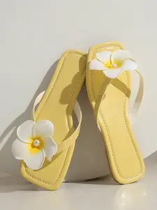 Women's Flat Head Fashion Flower Decoration Sandals, Fashionable Flip Flops, Comfortable Beach Vacation Shoes, Casual PU Rubber Sole, Less Than Ankle Height