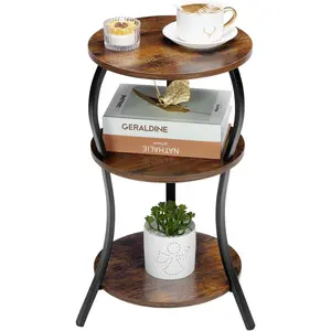Vintage Small Round Side Table, 3-Tier Slim Waist Circular End Table with Storage Shelf, Compact Tea Sofa Table, Round Corner Coffee Table Nightstand for Living Room Bedroom Small Spaces,Rustic Brown