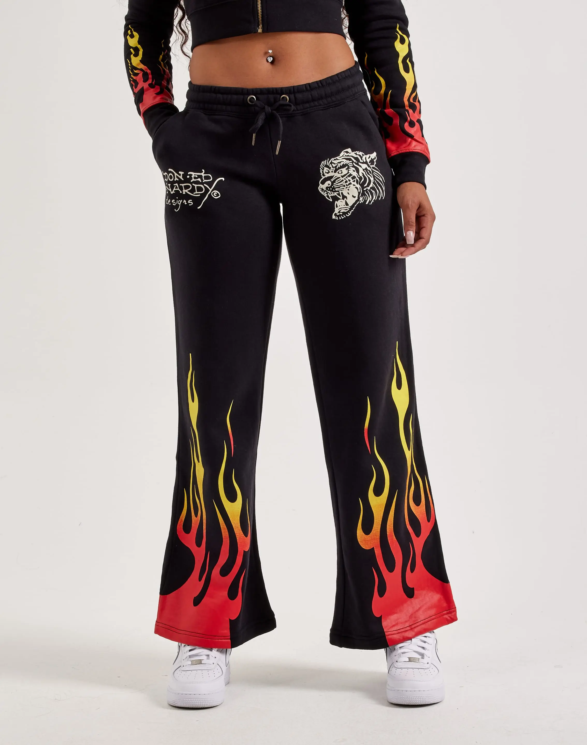 Womens Ed Hardy Tiger Flame Y2K Fleece Sweatpants