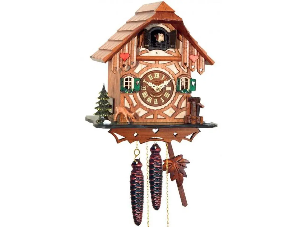 Alexander Taron 413 Traditional Natural Wood Mechanical Weight-Driven Cuckoo Clock - Analog Clock with Hearts Motif, 9x8.5x5.5 in Festive Home Decoration with Festive Charm