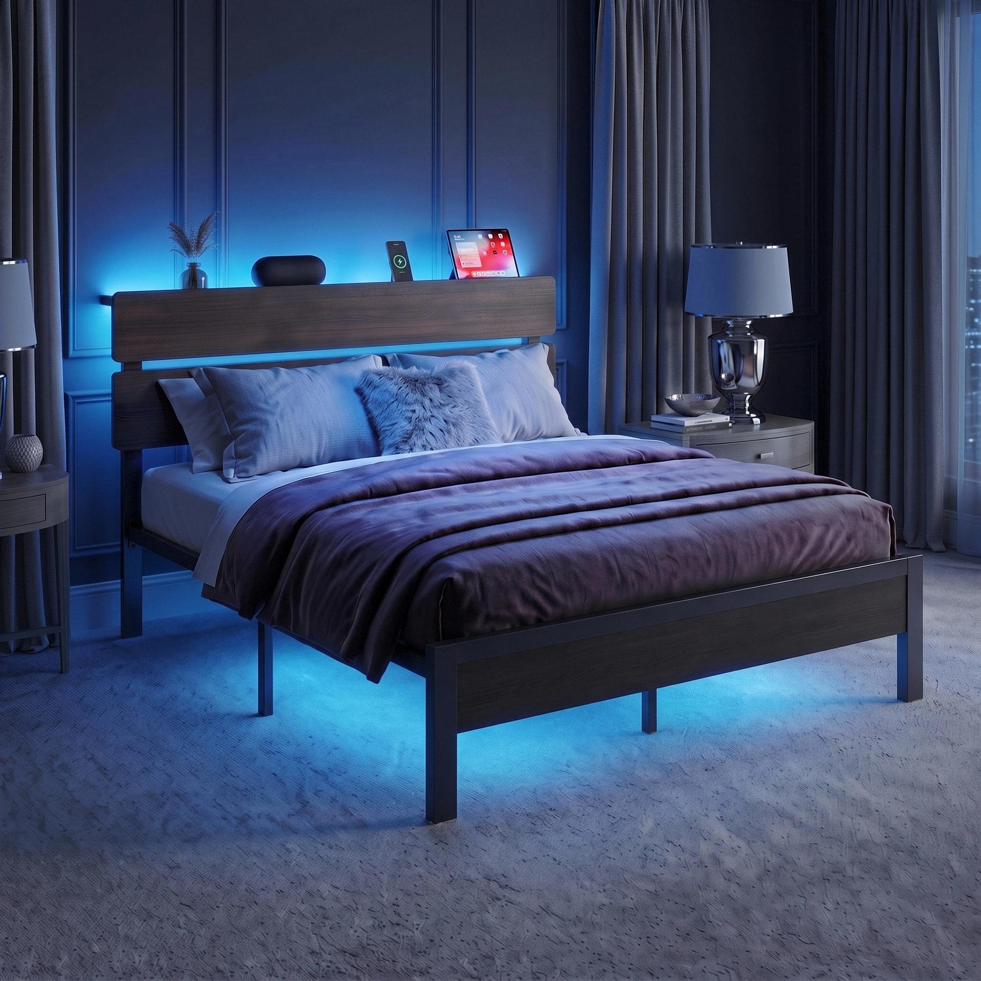 MUTICOR LED Bed Frame with 2 Fabric Storage Drawers, Charging Station & MDF Storage Headboard, Steel Slat Platform Bed with Underbed Storage, No Box Spring Needed