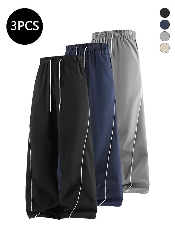 3-Pack Men’s Loose Straight Sweatpants for Spring/Fall, American Street Style Striped Long Pants — Trendy, Casual, Versatile
