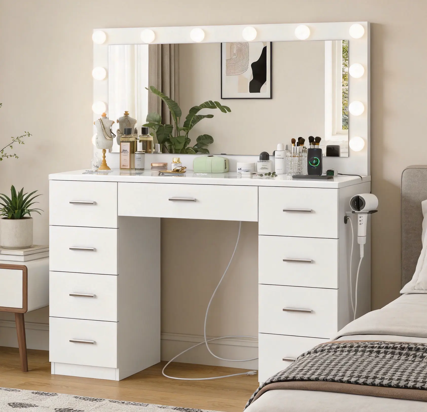 Fabiula Lighted Makeup Vanity Desk - Modern Glass Desktop Full-Size Luxury Furniture with 9 Drawers, 12 LED Lights, Adjustable Flexible Mirror, Storage, Sturdy Build for Bedroom, Bathroom; Room Decor, Apartment Furniture, Bedroom Items, Reading Use
