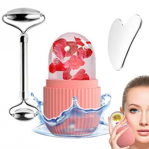 LMMAKE 3-in-1 Facial Beauty Instrument Ice Therapy & Massage Kit - Reusable Silicone Ice Roller Mold, Stainless Steel Gua Sha Board, Facial Roller for Reducing Puffiness, Acne Relief & Clean Skin Care