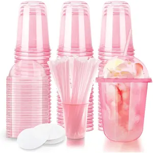 16oz Disposable Stemless Glasses With Dome Lids and Straws,PET Disposable Drinking Cups,Clear Plastic Wine Glasses  Parties Birthday,Wedding,Meeting,Christmas Party Supplies (50, Pink)