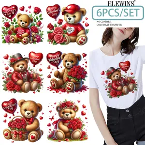 6 Pcs Teddy Bear Heart Iron-On Transfer Stickers, Handmade Embellishments, DIY Clothing Decorations for T-Shirts, Jeans, Hats, Backpacks, No Sewing Required, Gift