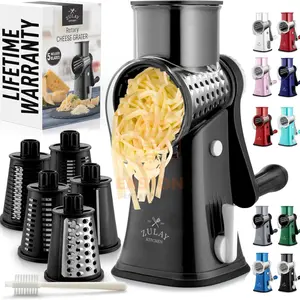 5-in-1 Rotary Cheese Grater with Handle – Manual Hand Crank Cheese Shredder with Upgraded Suction Base, 5 Interchangeable Stainless Steel Blades