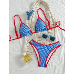 Swim mode 2 pcs/set springbreak checkered print contrast trim triangle top and high cut swim shorts cute bikini set, summer