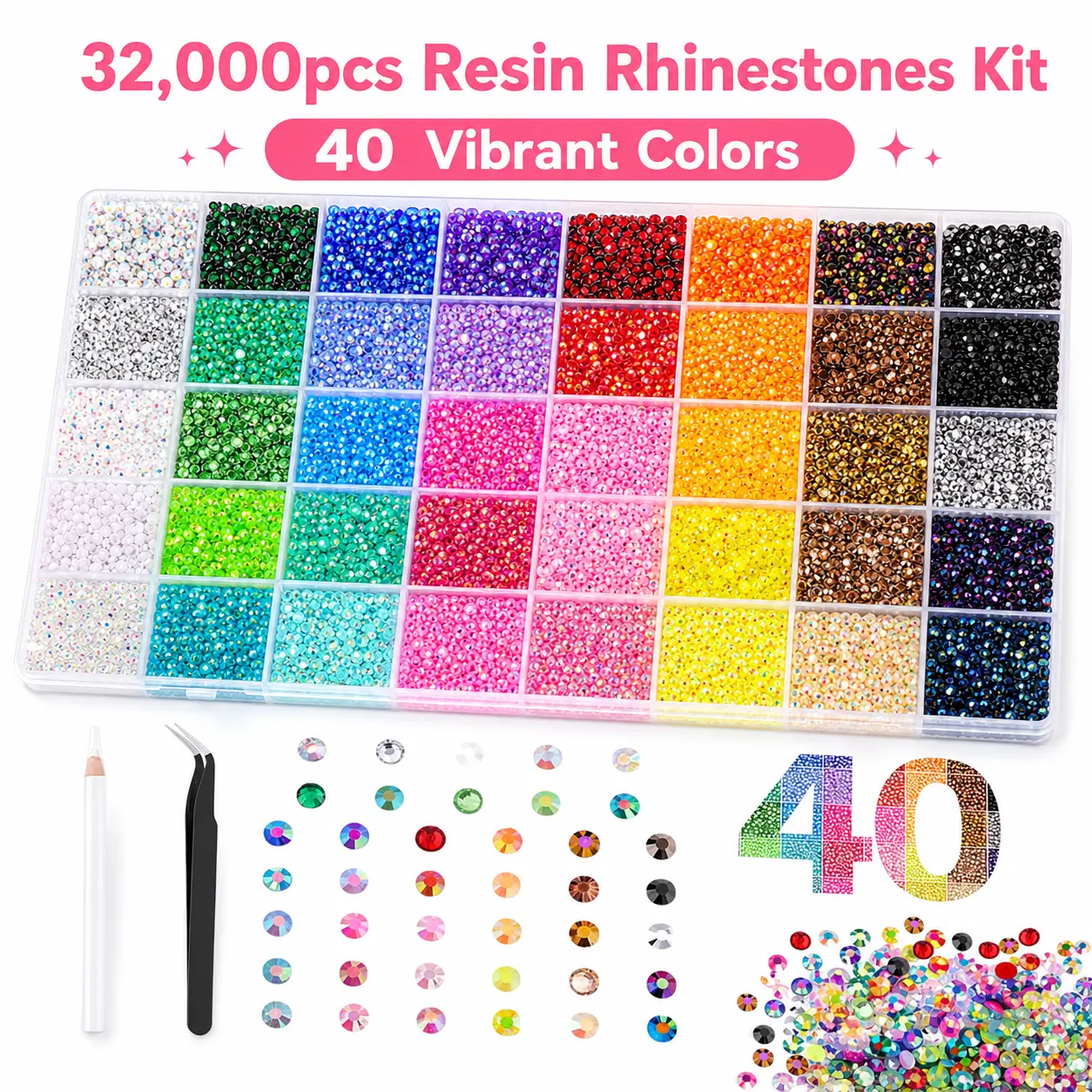 Mega-Value 32000 Pcs Rhinestone Kit - 3mm Flat Back Resin Gems in 40 Grids, Manicure Nail Art & Craft Supplies, High-Quality Sparkle Nail Art Accessories for Small Business
