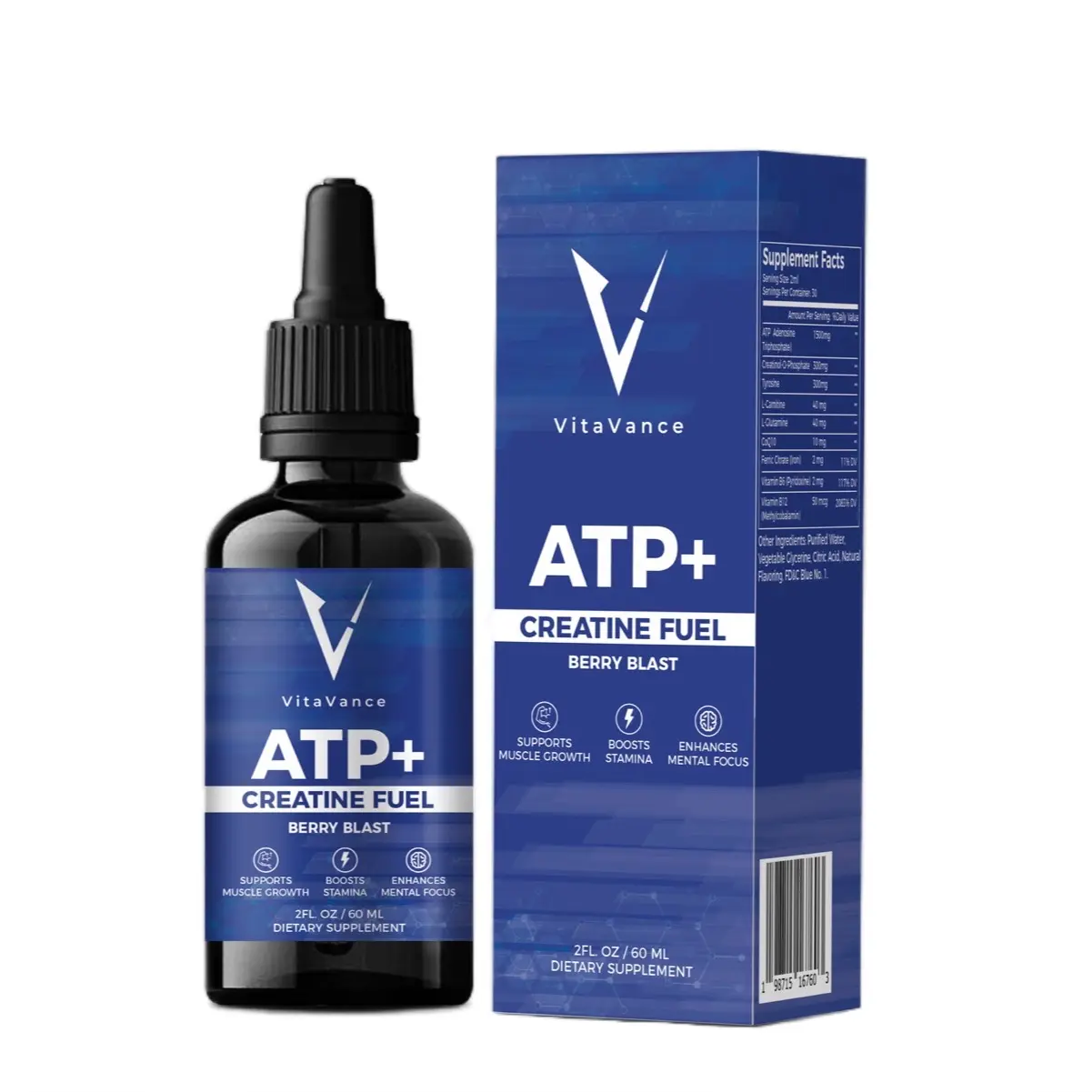 ATP Creatine Energy & Focus Drops Berry Blast Supplement for Body Power, Mental Focus, Energy and Recovery - 60ml (2 fl oz) Vitamin, Dietary, Creatine workout
