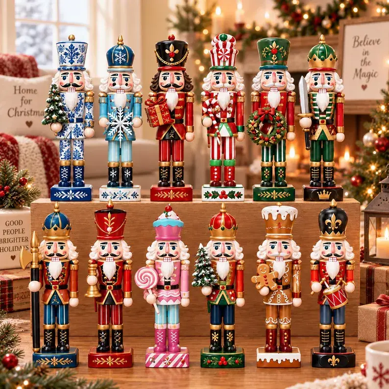 Christmas Nutcracker Wood Block, Toy Soldier King Candyland Figurine, Holiday Tiered Tray Mantel Decor, Freestanding Wooden Shelf Sitter