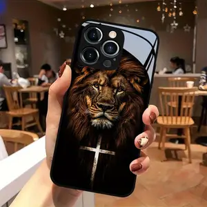 Lion with Rusty Cross Tempered Glass Black Phone Case for iPhone 1616 Plus16 Pro16 Pro Max1515 Plus15 Pro15 Pro Max1414 Plus14 Pro14 Pro Max1313 Pro13 Pro Max13 Mini1212 Pro12 Pro Max12 mini1111 Pro MaxXXSXRXS Max78 - Creative and trendy couple design, cu