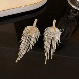 ANDKISS Women's Hypoallergenic European-American Style Exaggerated Leaf Design Tassel Drop Earrings, Sparkling High-End Evening Wear Dangles, Lightweight Luxury Unique Statement Jewelry, Figaro Chain, Perfect Female Gift