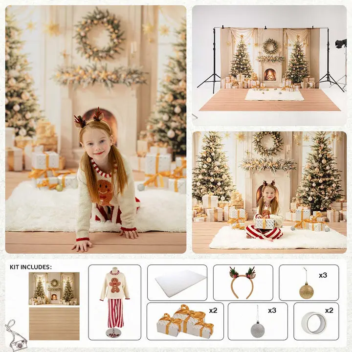 Kate Winter Christmas Themed Photography Backdrop Setup & Props Complete Pack, Fireplace Photo Kit for Camera Accessories