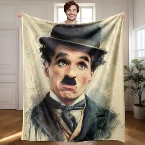 1 piece Classic portrait of Charlie Chaplin in his iconic black bowler hat attire themed flannel throw blanket - All-season comfortable flannel blanket, modern design style, suitable for sofas and beds, digitally printed pattern, super soft and warm
