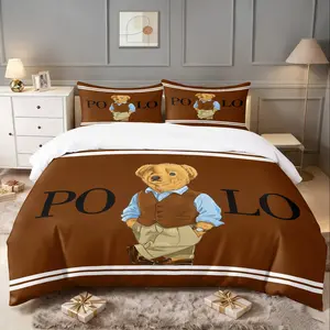 Classic Polo Bear Pattern Home Decor Bedding Set Includes 1 Count Duvet Cover & 1/2 Pillowcase without Filler, Preppy teddy bear print bedding, soft and warm, classic brown, lightweight and comfortable, suitable for all seasons.