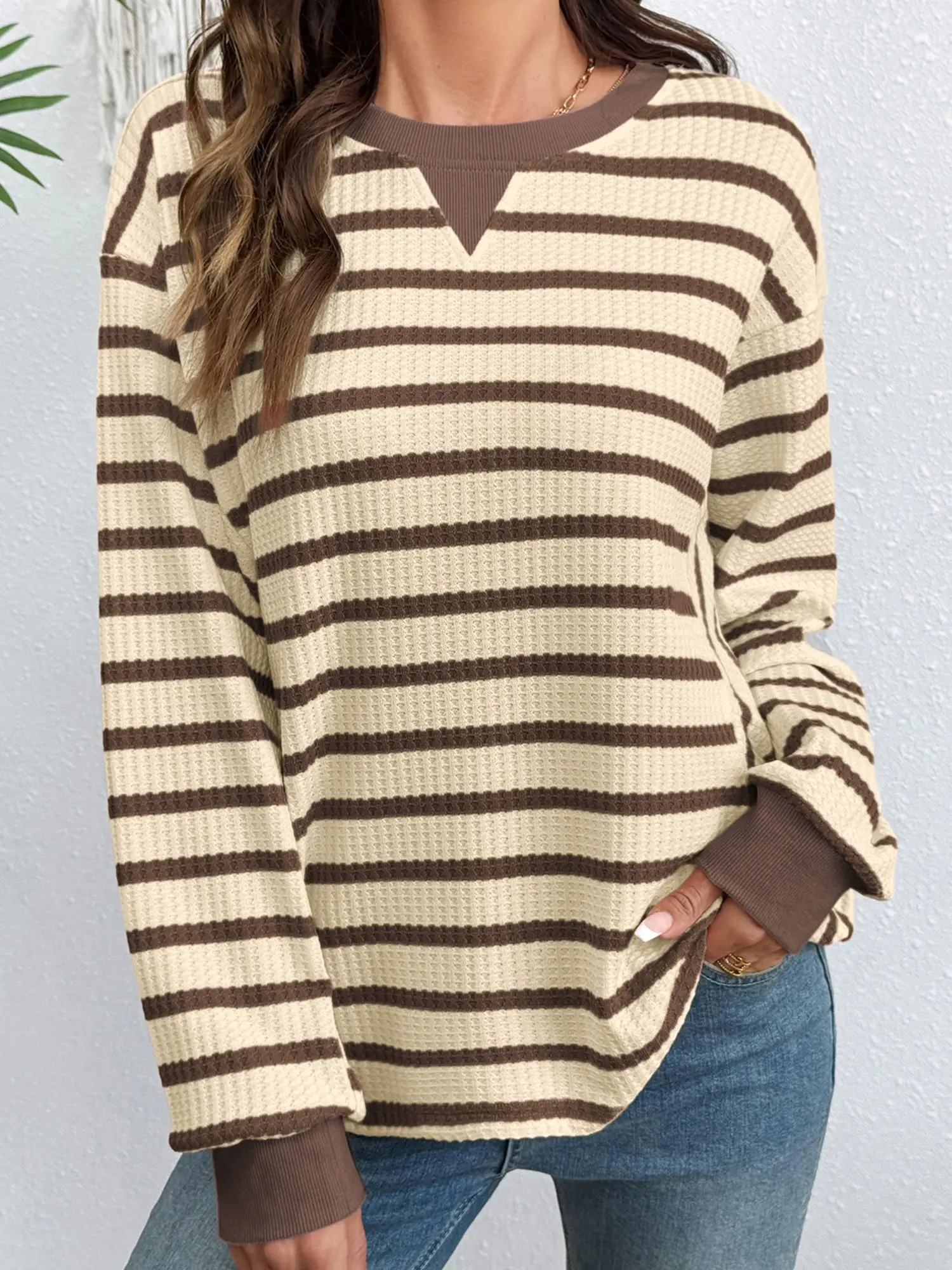Women's Brown Striped Patchwork Pullover Sweatshirt Casual Long Sleeve Round Neck Shift Top Ribbed Cuff Daily Knitwear