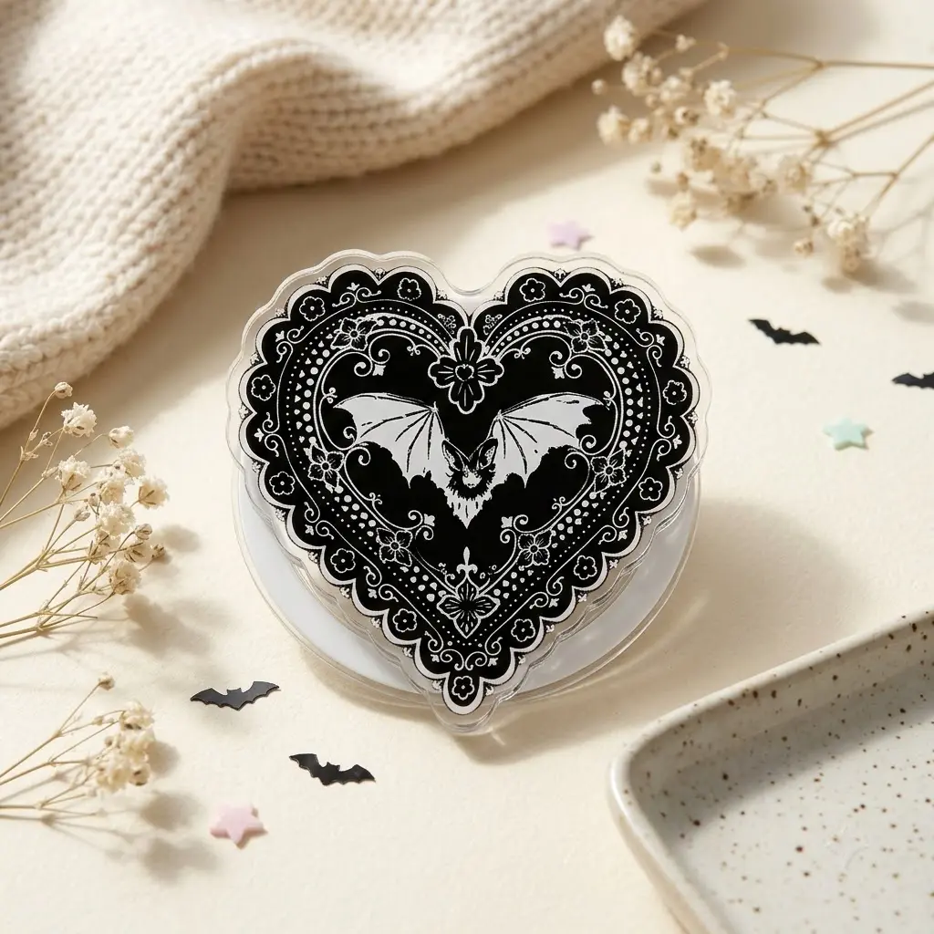 Gothic Bat Heart Phone Grip Holder, Spooky Lace Bat Design, Dark Aesthetic Heart Phone Stand, Witchy Grunge Phone Accessory