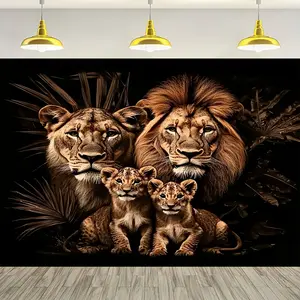60in x 40in 1pc Lion Family Portrait Canvas Wall Art - Durable Polyester, Rustic Style, Feather-Free, No Power Needed, Use for Party & Home Decor, Realistic Animal Theme with Dark Background