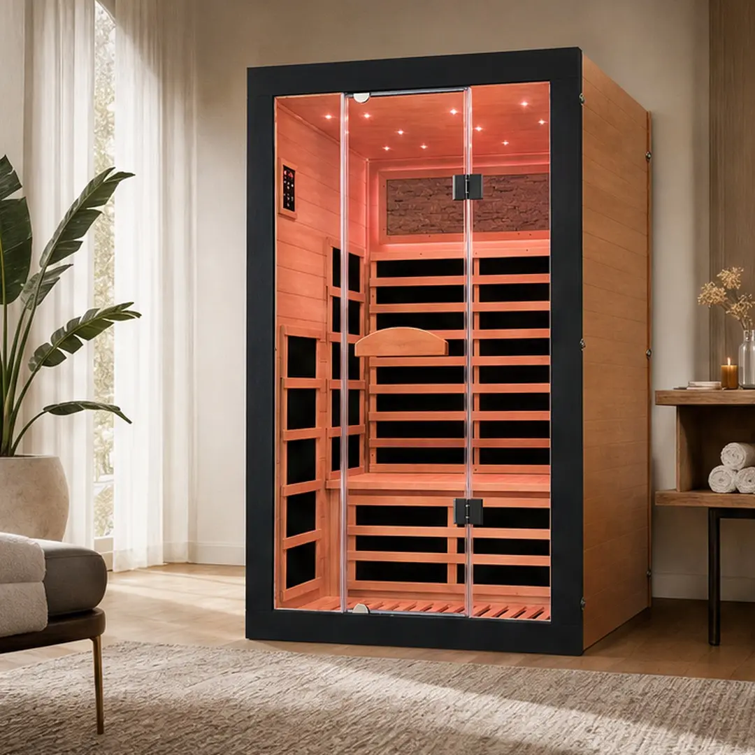 Double O'Guman Far Infrared Home Sauna Room - Okoume Wood Dry Sauna with Dual Bluetooth Speakers, Colorful Lights, Reading Light, 110V 2000W AC, American White Oak Finish, 74.8x47.3x47.3in, for Relaxation
