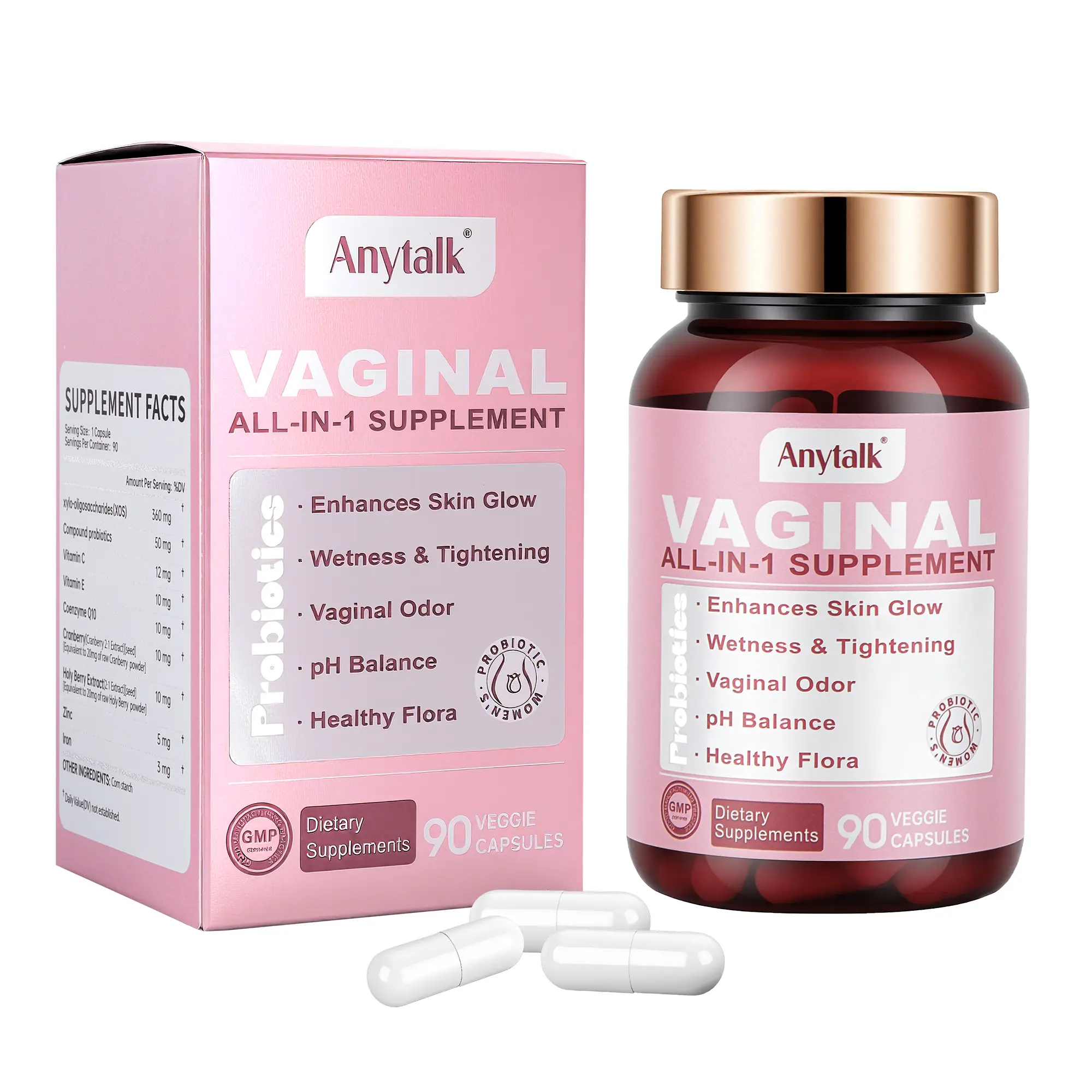 Anytalk Probiotics for Women's Health Dietary Supplement - Natural Berry-Infused, Lactobacillus Prebiotics, pH Balance Support, 90 Veggie Capsules, Skin Glow & Moisture, Odor Control, Healthy Flora Beauty Product